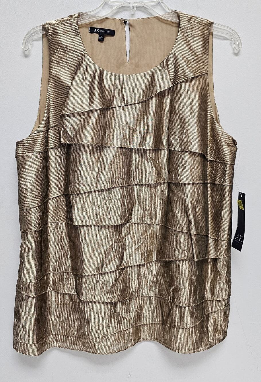 NWT AK Anne Klein Women Metallic Gold Tiered Ruffle Sleeveless Top-Size Large